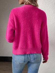 SHEIN Drop Shoulder Button Front Fluffy Knit Cardigan,Long Sleeve Tops Fall Winter Cloth For Women - Hot Pink - View 2
