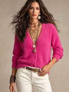 SHEIN Drop Shoulder Button Front Fluffy Knit Cardigan,Long Sleeve Tops Fall Winter Cloth For Women - Hot Pink - View 8