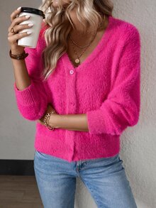 SHEIN Drop Shoulder Button Front Fluffy Knit Cardigan,Long Sleeve Tops Fall Winter Cloth For Women - Hot Pink - View 6