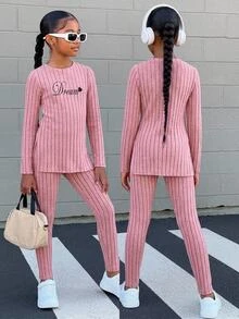 SHEIN Tween Girl Tween Girl Tween Girl Kids Casual Drop Shoulder Ribbed Letter Embroidery Knit Pullover And Leggings, Pink Set, Autumn Winter Christmas - Pink - View 1