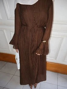 Graceveil Autumn Coffee Color Round Neck Ruffle Sleeve Full Skirt Single-Breasted Tie-Front Elegant Women's Dress - Brown - View 3