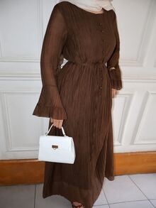 Graceveil Autumn Coffee Color Round Neck Ruffle Sleeve Full Skirt Single-Breasted Tie-Front Elegant Women's Dress - Brown - View 5