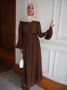 Graceveil Autumn Coffee Color Round Neck Ruffle Sleeve Full Skirt Single-Breasted Tie-Front Elegant Women's Dress - Brown - View 1