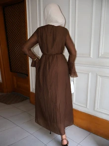 Graceveil Autumn Coffee Color Round Neck Ruffle Sleeve Full Skirt Single-Breasted Tie-Front Elegant Women's Dress - Brown - View 2
