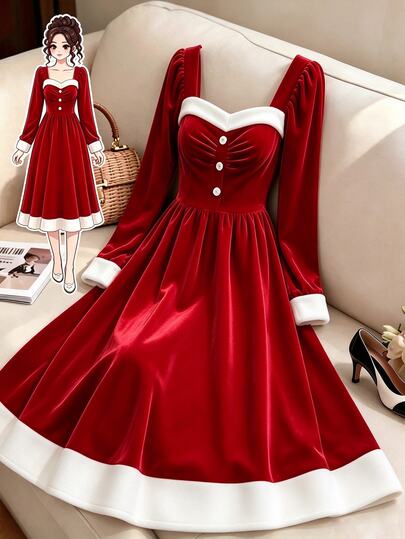 GlowEve CURVE Christmas Holiday Party New Year Velvet Patchwork Faux Fur Long Sleeve Button-Up A-Line Dress Plus Size Women's Dress Autumn/Winter Ball Party Date Dress