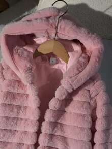 SHEIN 女童白色人造毛休閒連帽冬季外套 - 粉色 - 查看 5