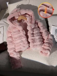 SHEIN 女童白色人造毛休閒連帽冬季外套 - 粉色 - 查看 2