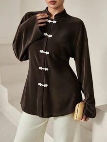 Graceveil Women's Dark Winter Brown Velvet New Chinese Style Handmade Frog Button Design Romantic Vintage Elegant Long Sleeve Blouse Dinner Fall Party - Brown - View 7