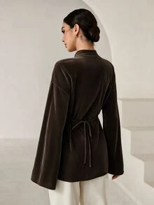 Graceveil Women's Dark Winter Brown Velvet New Chinese Style Handmade Frog Button Design Romantic Vintage Elegant Long Sleeve Blouse Dinner Fall Party - Brown - View 3