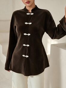 Graceveil Women's Dark Winter Brown Velvet New Chinese Style Handmade Frog Button Design Romantic Vintage Elegant Long Sleeve Blouse Dinner Fall Party - Brown - View 6