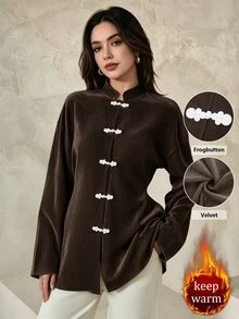 Graceveil Women's Dark Winter Brown Velvet New Chinese Style Handmade Frog Button Design Romantic Vintage Elegant Long Sleeve Blouse Dinner Fall Party - Brown - View 2