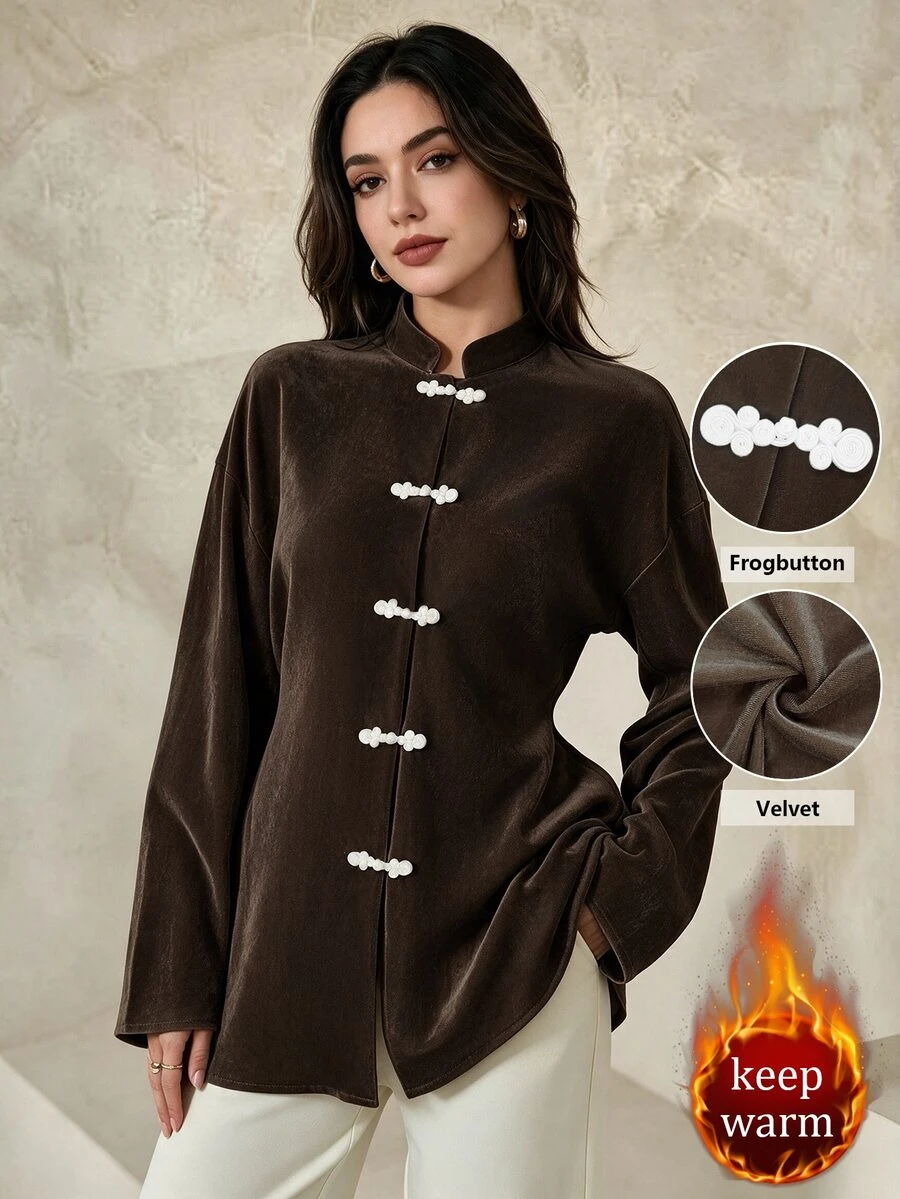 Graceveil Women's Dark Winter Brown Velvet New Chinese Style Handmade Frog Button Design Romantic Vintage Elegant Long Sleeve Blouse Dinner Fall Party