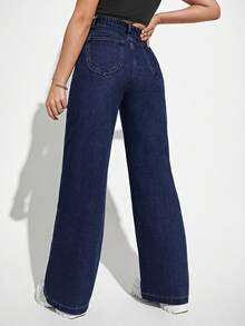 Flexra Women's Fashion Button Pocket Straight Leg Denim Jeans For Daily Wear - Navy Blue - View 2