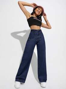 Flexra Women's Fashion Button Pocket Straight Leg Denim Jeans For Daily Wear - Navy Blue - View 6