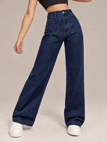 Flexra Women's Fashion Button Pocket Straight Leg Denim Jeans For Daily Wear - Navy Blue - View 1
