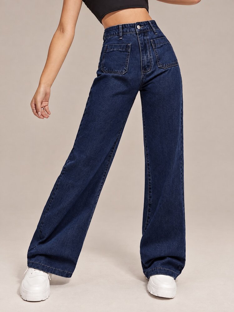 Flexra Women's Fashion Button Pocket Straight Leg Denim Jeans For Daily Wear - Navy Blue - View 1