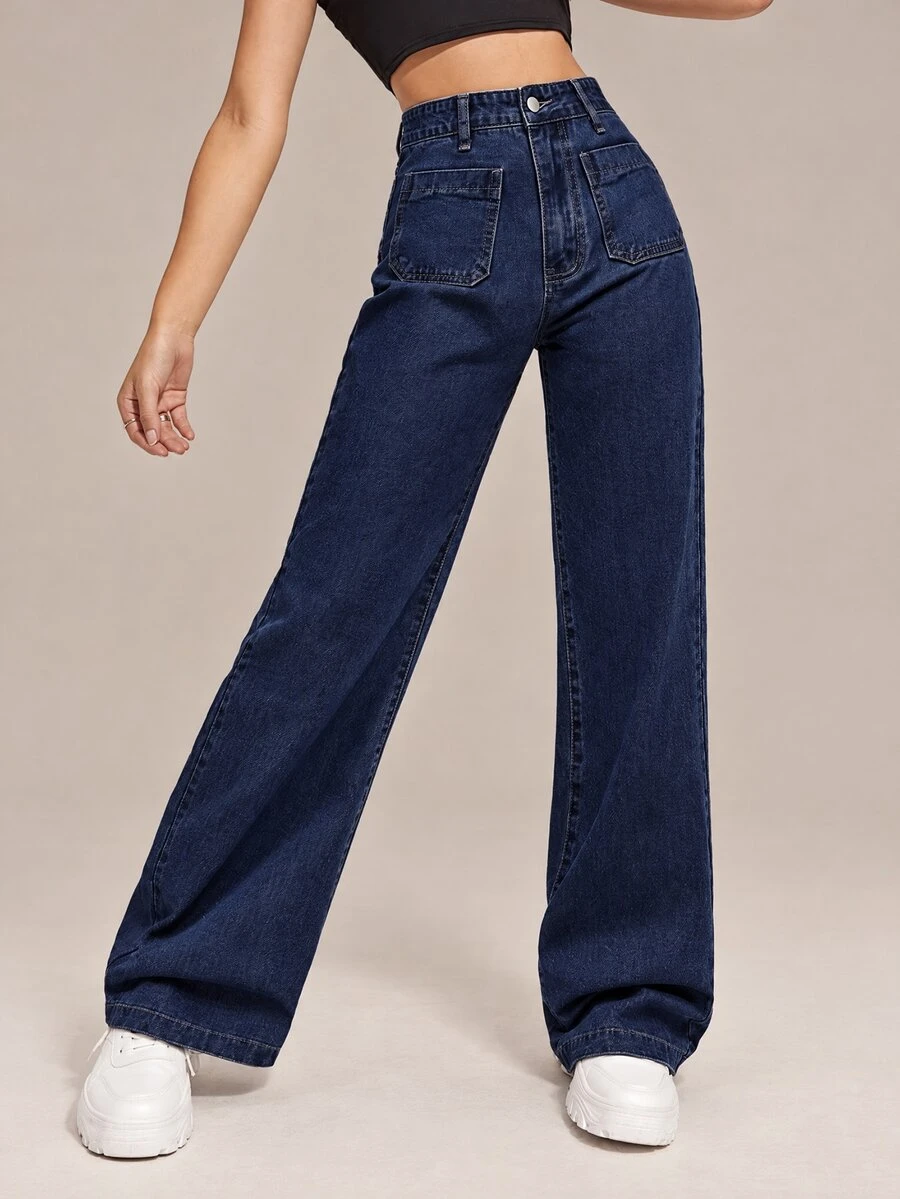 Flexra Women's Fashion Button Pocket Straight Leg Denim Jeans For Daily Wear - Navy Blue - View 1