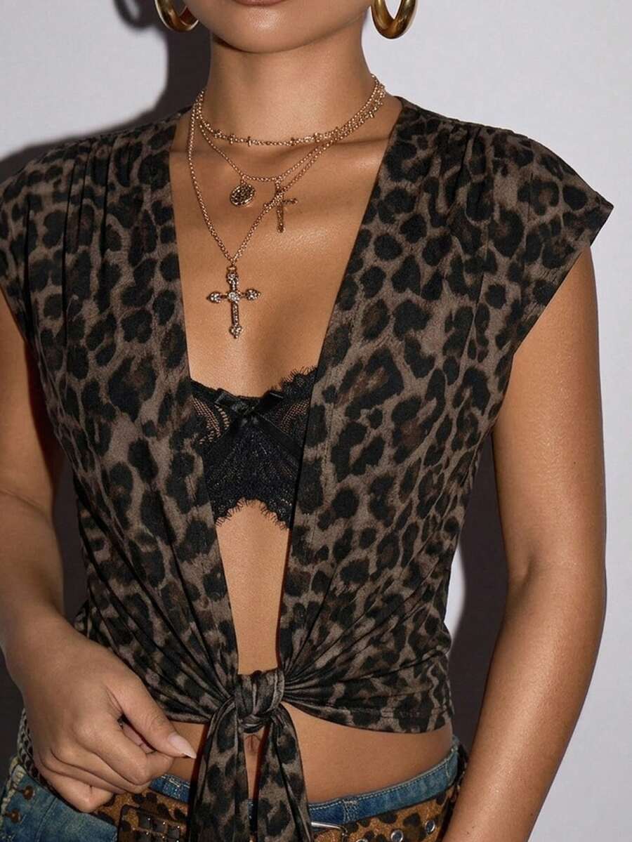 SHEIN ICON 女款休閒性感前開襟綁帶無袖上衣，豹紋上衣，辣妹風，Y2K服飾 - 彩色 - 查看 1