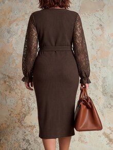 Velvienne Plus Size Women's New French Elegant Cross V-Neck Ribbed Brushed Lace Patchwork Slit Fitted Long Sleeve Dress, Suitable For Autumn/Winter Daily Wear - Coffee Brown - View 2