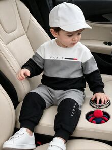 2pcs Baby/Toddler Boys PARIS Letter Print Color Block Thermal Lined Crew Neck Sweatshirt Sweatpants Set Fall Athletic Modest Black And White - Multicolor - View 2