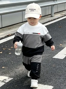 2pcs Baby/Toddler Boys PARIS Letter Print Color Block Thermal Lined Crew Neck Sweatshirt Sweatpants Set Fall Athletic Modest Black And White - Multicolor - View 7