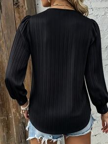 Blus Ukuran Plus Kontras Lace Plain Casual Anggun - Hitam - View 2