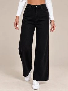 Flexra Fashionable Casual Versatile Button Pocket Straight Leg Denim Jeans School Teacher Black Summer - Black - View 1