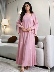 Yasmyna Elegant Floral Lace Neck Tie Flare Sleeve Dress, Spring/Summer - Pink - View 2