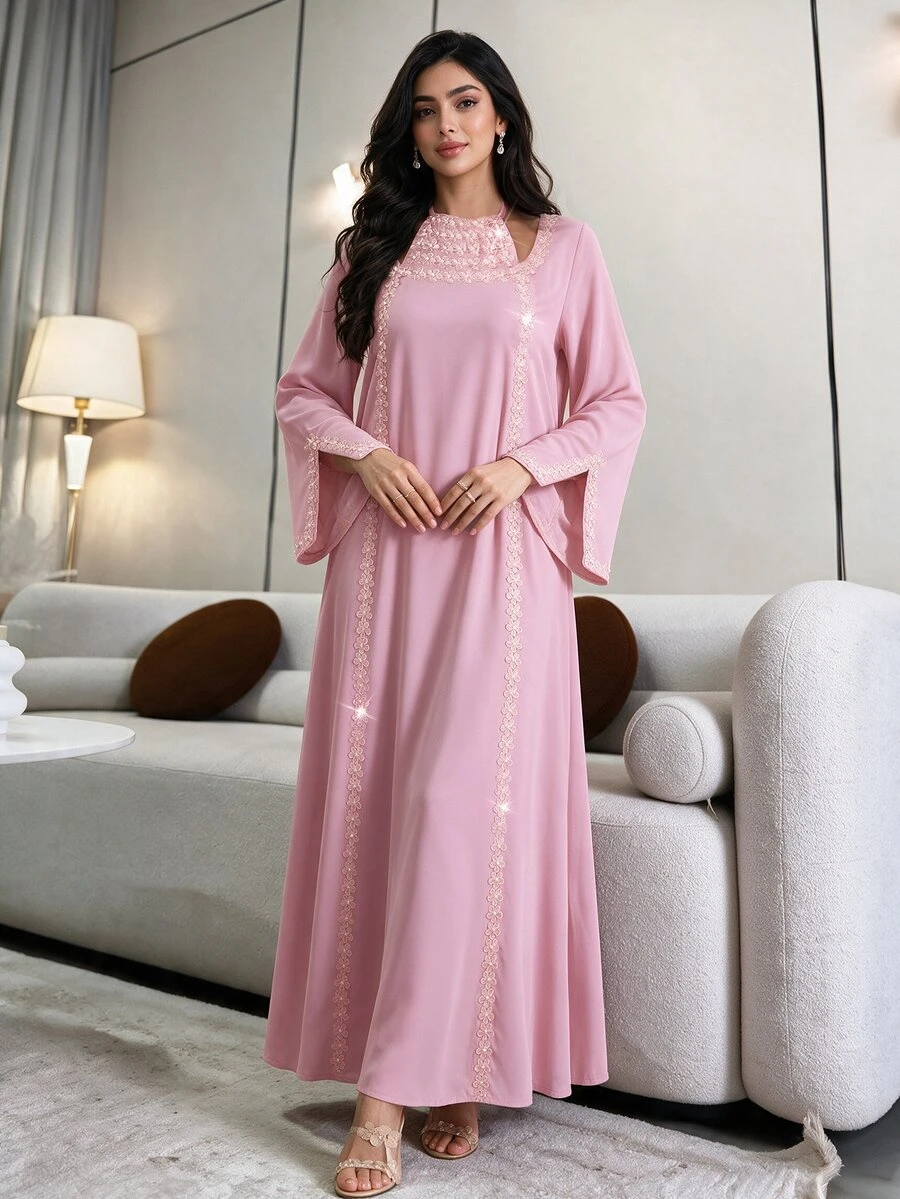 Yasmyna Elegant Floral Lace Neck Tie Flare Sleeve Dress, Spring/Summer