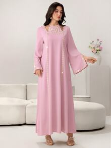 Yasmyna Elegant Floral Lace Neck Tie Flare Sleeve Dress, Spring/Summer - Pink - View 7
