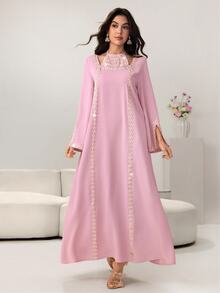 Yasmyna Elegant Floral Lace Neck Tie Flare Sleeve Dress, Spring/Summer - Pink - View 4