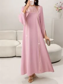 Yasmyna Elegant Floral Lace Neck Tie Flare Sleeve Dress, Spring/Summer - Pink - View 5