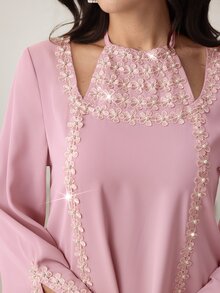 Yasmyna Elegant Floral Lace Neck Tie Flare Sleeve Dress, Spring/Summer - Pink - View 9