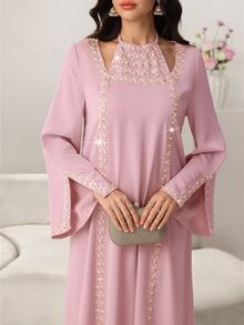 Yasmyna Elegant Floral Lace Neck Tie Flare Sleeve Dress, Spring/Summer - Pink - View 6