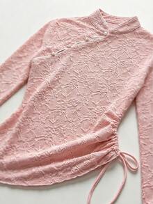 INAWLY Women's Cheongsam Collar Long Sleeve Side Waist Drawstring Design Elegant Top - Pink - View 3