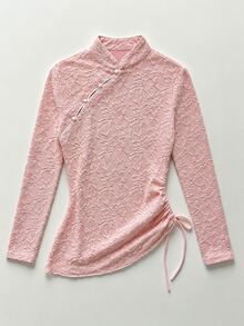 INAWLY Women's Cheongsam Collar Long Sleeve Side Waist Drawstring Design Elegant Top - Pink - View 4