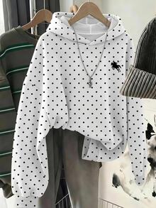 SHEIN 青少年女孩甜美復古寬鬆保守學院風休閒白色與黑色波點印花抓絨內裡衛衣 秋季/套裝 運動校園 - 彩色 - 查看 3