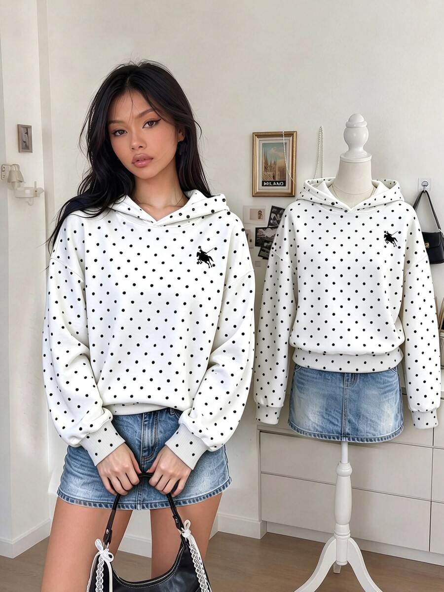 SHEIN 青少年女孩甜美復古寬鬆保守學院風休閒白色與黑色波點印花抓絨內裡衛衣 秋季/套裝 運動校園 - 彩色 - 查看 1