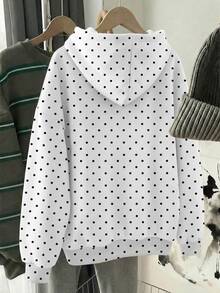SHEIN 青少年女孩甜美復古寬鬆保守學院風休閒白色與黑色波點印花抓絨內裡衛衣 秋季/套裝 運動校園 - 彩色 - 查看 2