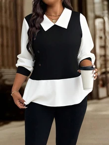 EMERY ROSE Plus Size Women Vacation Casual Contrast Color Lapel Long Sleeve Button Design Top Fall - Black and White - View 4
