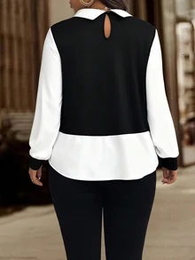 EMERY ROSE Plus Size Women Vacation Casual Contrast Color Lapel Long Sleeve Button Design Top Fall - Black and White - View 3
