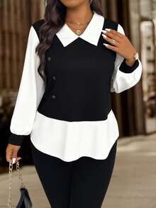 EMERY ROSE Plus Size Women Vacation Casual Contrast Color Lapel Long Sleeve Button Design Top Fall - Black and White - View 2