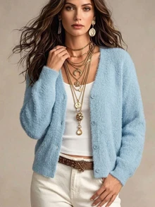 SHEIN Women's Solid Color Button Front Long Sleeve Casual Blouse Fall Winter Cloth For Women - Baby Blue - View 7