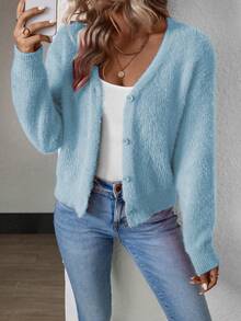 SHEIN Women's Solid Color Button Front Long Sleeve Casual Blouse Fall Winter Cloth For Women - Baby Blue - View 6