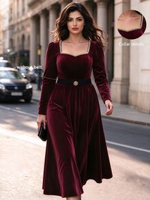 Velvienne Plus Size Women's Elegant Knitted Autumn Dress Christmas Fall - Burgundy - View 1