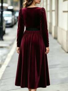 Velvienne Plus Size Women's Elegant Knitted Autumn Dress Christmas Fall - Burgundy - View 2