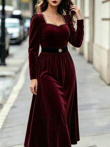 Velvienne Plus Size Women's Elegant Knitted Autumn Dress Christmas Fall - Burgundy - View 5