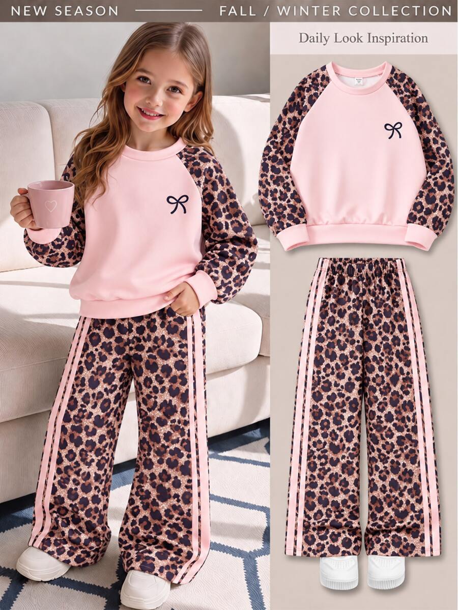 SHEIN Tween Girl Fleece Fall Outfits Sweatshirt Set, Long Sleeve Pink Brown Ribbed Cuffs, Hem Collar, Side Tape, Bowknot School Holiday Cute Cowgirl - Pink - View 1