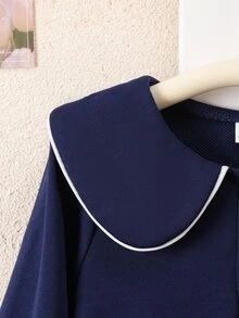 SHEIN 女童波浪彼得潘領長袖拼接荷葉邊下擺小熊刺繡韓風仙女公主洋裝 7歲生日海軍藍秋季禮物 - 藏蓝色 - 查看 9
