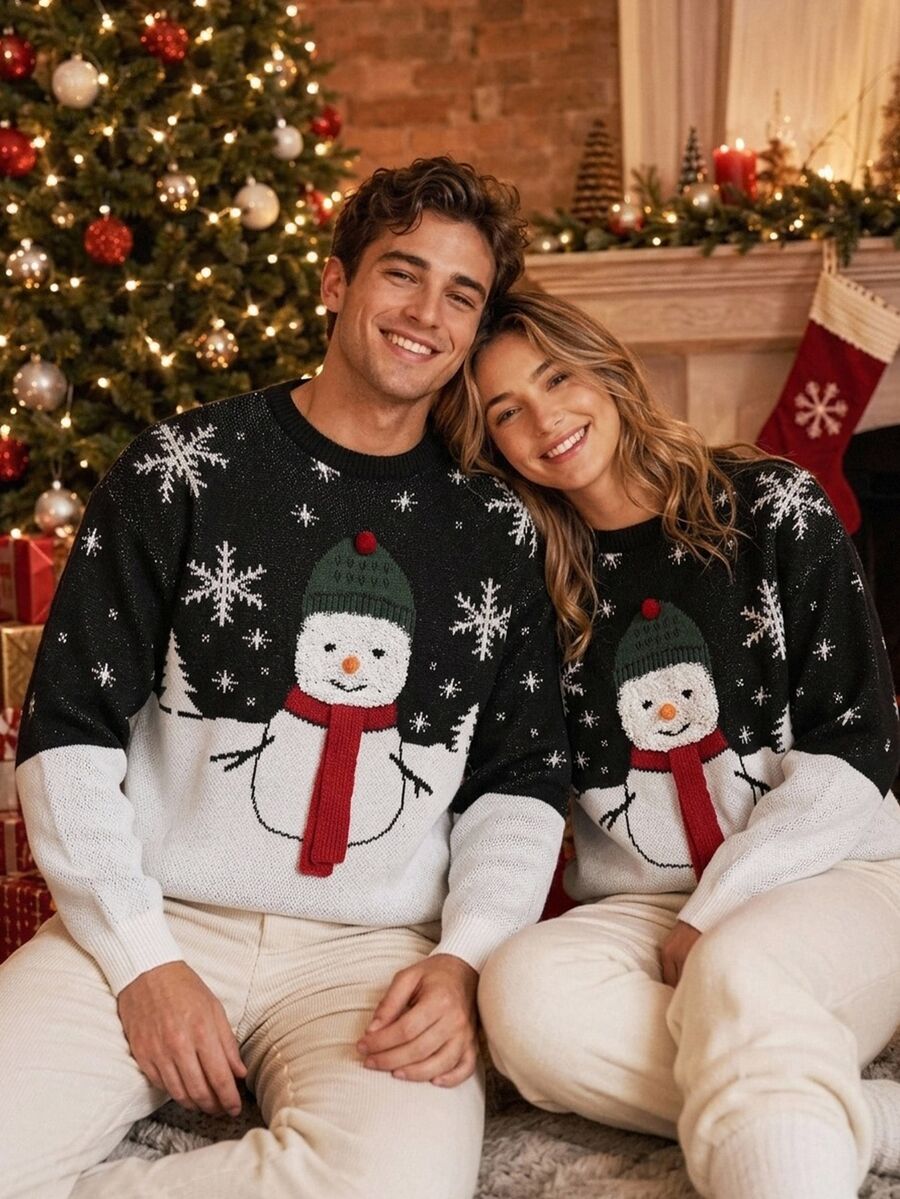 Manfinity Homme Christmas New Long Sleeve Pullover Autumn/Winter Festive Snowman Men's Sweater Couple Matching Outfit - Black and White - View 1